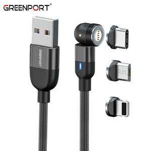 Greenport 540 Degrees Rotating 3A Fast Nylon USB Cable 3 in 1 Magnetic Charging Cable for Mobile Phone with FREE 10,000mAh POWER BANK